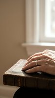 Elderly hands resting on worn leather-bound journal in soft natural light creating peaceful contemplative moment for spiritual reflection and meditation.