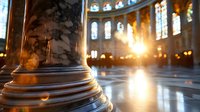 Sunlight streams through stained glass windows in historic church interior, illuminating marble column base and polished floor with golden glow at sunset.