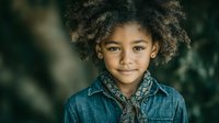 Young African American girl with curly hair wearing denim jacket outdoors with natural lighting for lifestyle and family photography projects.