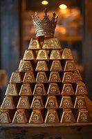 Pyramid stack of shining gold bars topped with ornate silver crown against dark background with warm bokeh lights, symbolizing wealth and royal luxury.