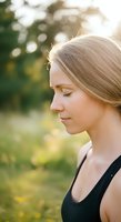 Young Caucasian woman with blonde hair in profile, wearing black tank top, eyes closed in peaceful expression outdoors during golden hour with blurred green nature background.
