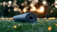 Black yoga mat rolled up on green grass with magical bokeh lights in background during sunset creating peaceful outdoor fitness atmosphere.