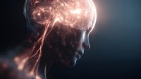 Human head silhouette with glowing brain neural networks and electrical activity representing artificial intelligence, consciousness and cognitive processes.