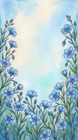 Watercolor blue wildflowers border with green stems and leaves on soft sky blue background, copy space in center for text or design.