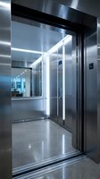 Modern elevator interior with stainless steel walls and LED lighting in contemporary office building lobby for commercial architecture design.