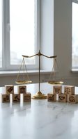 Golden scales of justice with wooden blocks featuring business and legal icons on marble surface near bright window for law firm concepts.