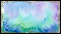 Watercolor gradient background with soft blue, purple, and green hues blending seamlessly, featuring ornate gold decorative borders. Suitable for invitations, presentations, and design projects.