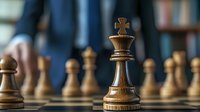 Wooden chess king piece standing tall on chessboard with blurred pawns in background, showcasing strategy, leadership and competition in business setting.