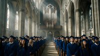 Graduation ceremony in gothic cathedral with students in blue caps and gowns seated in wooden pews under soaring stone arches and stained glass windows.