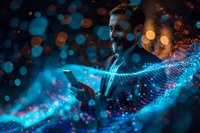 Mature businessman using smartphone surrounded by futuristic digital wave visualization and bokeh lights in dark environment.