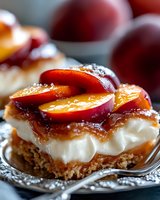 Fresh plum dessert bar with cream cheese filling and caramelized fruit topping on graham cracker crust, served on vintage silver platter, macro food photography.
