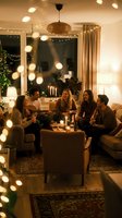 Friends gathering in cozy living room with warm string lights, guitar music session, candles and modern home decor creating intimate evening atmosphere.