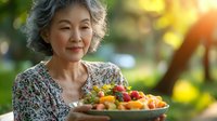 Senior Asian woman with gray hair holding fresh colorful fruit platter in garden setting with natural sunlight and bokeh background, expressing joy and contentment.