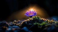 Purple daisy flower blooming in dark soil with magical sunburst behind, macro nature photography with shallow depth of field and dramatic lighting effect.