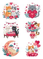 Cute cats and kittens with hearts, love symbols, and floral elements. Isolated vector illustrations on white background, ready for Valentine's Day designs, greeting cards, t-shirts, and children's products.
