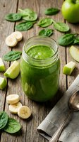 Fresh green smoothie in mason jar with spinach leaves, banana slices and apple pieces on rustic wooden background for healthy nutrition and detox lifestyle.