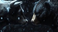 Black bull and bear face to face in dramatic dark setting with falling snow, symbolizing stock market confrontation and financial trading concept. Perfect for business themes.