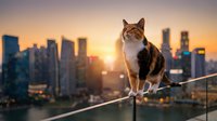 Tabby cat sitting on rooftop railing overlooking city skyline at golden hour sunset with warm lighting and urban bokeh background for lifestyle content.