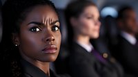 Young African American businesswoman with serious expression and natural curly hair in professional attire, looking ahead with determination against blurred office background.