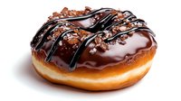 Chocolate glazed donut topped with dark chocolate drizzle and crunchy toffee bits on white background, isolated dessert for bakery and confectionery designs.