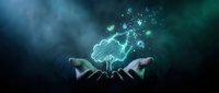 Digital cloud computing concept with glowing data particles floating above open hands in futuristic blue-green atmosphere for technology presentations.