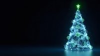 Glowing blue Christmas tree with bright star on top against dark background, festive holiday decoration with sparkling lights and ornaments for seasonal designs.