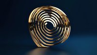 Luxurious golden spiral shape floating on dark background, metallic circular rings forming abstract geometric pattern with reflective surface and shadows.
