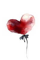 Red watercolor heart shape with delicate black stem and leaves on white background, isolated design element for Valentine's cards and romantic artwork.