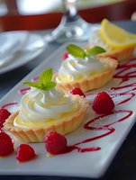 Mini lemon meringue tarts garnished with fresh raspberries and mint leaves on white plate with decorative raspberry sauce swirls, elegant dessert presentation.