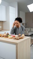 Stressed African American woman with headache surrounded by sweet desserts in modern kitchen struggling with sugar addiction and unhealthy eating habits.