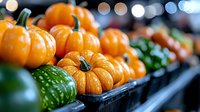 Fresh orange mini pumpkins and green gourds arranged in retail display with soft bokeh lights, showing seasonal produce at farmers market or grocery store.