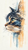 Artistic cat portrait in watercolor style with splatter effects featuring side view of feline face with striking amber eye and detailed whiskers on blue and orange background.