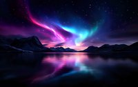 Vibrant aurora borealis dancing over snowy mountain peaks reflects in calm lake waters at night, creating magical light show with pink and blue colors in starry sky.