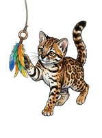Playful Bengal kitten with spotted coat pouncing on colorful feather toy, isolated on white background for design use on apparel and merchandise.
