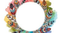 Colorful ethnic patterned feathers arranged in circular frame on white background, isolated design element for crafts, invitations, and decorative projects.