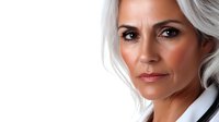 Confident mature businesswoman with silver gray hair and natural makeup wearing white blouse against white background, professional corporate portrait.