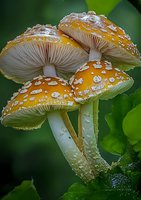 Yellow Amanita muscaria mushrooms with white spots growing in cluster against green foliage background, showing detailed gills and stems in macro photography.