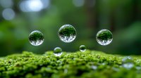 Floating water drops on green moss create magical refraction effect. Nature photography shows crystal clear spheres suspended above mossy surface in forest setting.