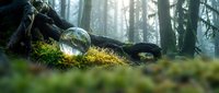 Crystal sphere resting on moss-covered fallen log in mystical forest with sunbeams filtering through trees creating magical woodland atmosphere.