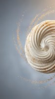 Elegant white cream swirl with golden glitter particles creating dynamic motion against soft gradient background for luxury dessert and bakery designs.