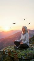 Mature Caucasian woman meditating on mountain rock at sunrise with flying birds overhead, peaceful mindfulness practice in nature for wellness and spiritual growth.