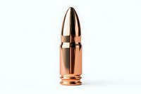 Single copper-plated bullet cartridge with metallic sheen against white background, isolated for design and commercial use.