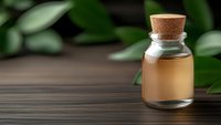Small glass bottle with cork stopper containing golden liquid on wooden surface with green leaves in background for natural wellness products.