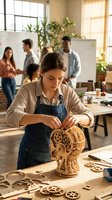 Young woman assembling wooden mechanical puzzle in bright workshop with diverse team collaborating on creative projects in background.