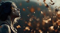 Profile view of woman with face paint in dramatic lighting surrounded by floating autumn leaves and embers against dark atmospheric background.