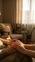 Elderly woman's wrinkled hands gently held by younger person's hands in warm sunlit living room showing intergenerational care and family support.