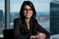 Asian businesswoman with glasses and black blazer smiling confidently at desk in modern office with city skyline view. Professional corporate portrait for business and finance.