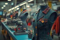 Denim sleeveless vest with wooden buttons on mannequin in garment factory sewing workshop, industrial sewing machines in background, fashion manufacturing process.
