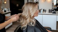Young blonde woman getting professional hair styling at luxury beauty salon. Hairdresser working on wavy blonde highlights creating modern haircut.