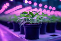 Young plant growing in hydroponic system under purple LED grow lights. Modern agriculture technology for indoor farming and sustainable food production.